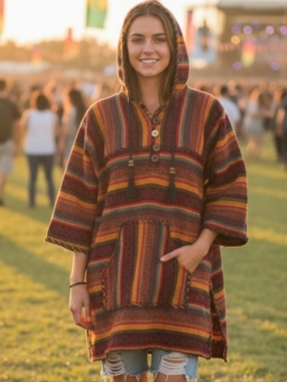Kathmandu Imports Rasta Colorful Poncho Hoodie Surfer Hippie Tunic  100% Cotton